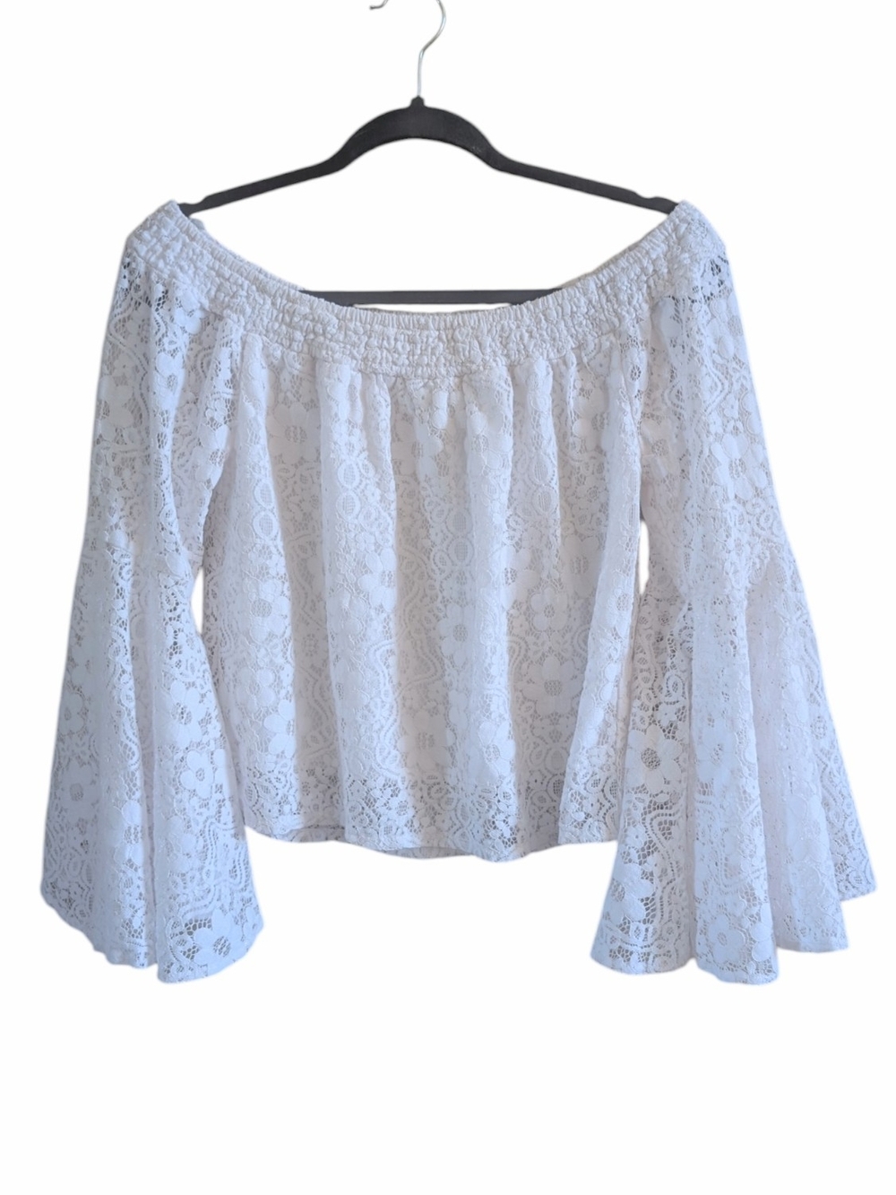Hollister White Off-the-Shoulder Lace Bell-Sleeve Top